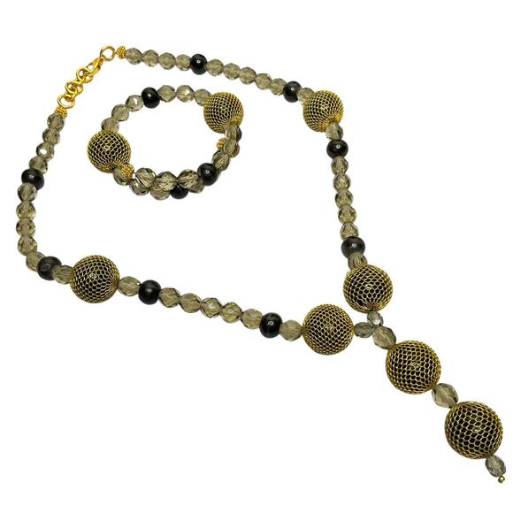 Designer Beaded Necklace & Wire Bracelet Faceted Glass & Wire Mesh Beads Y Drop - Picture 1 of 8